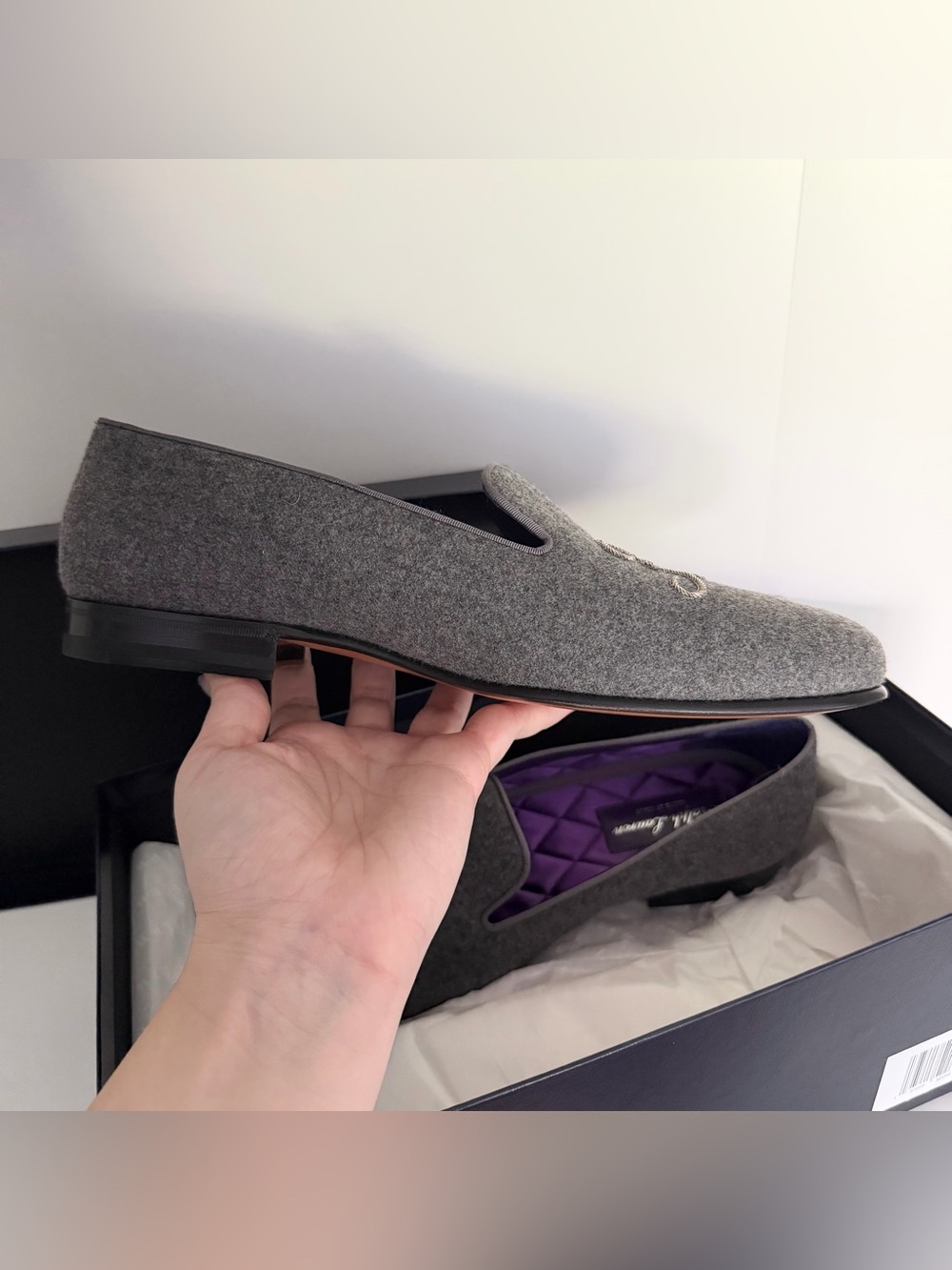 Ralph Lauren Purple Label Alonzo Plaid Wool Tweed Slipper in Grey NIB NWT - Picture 8 of 13